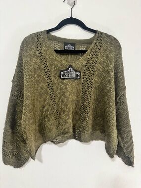 Angie Olive V-Neck Open-Knit Sweater